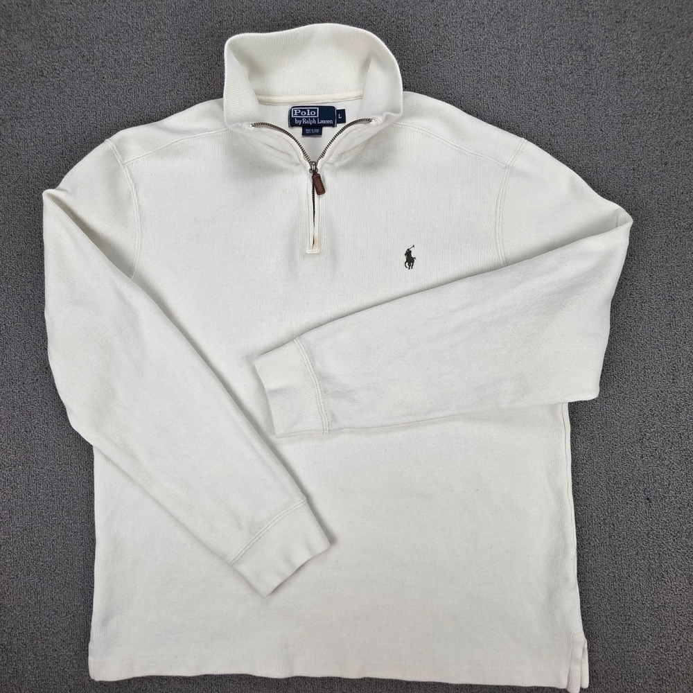 Polo Ralph Lauren Mens Large Quarter Zip Pullover Off White Cream Ribbed Cotton